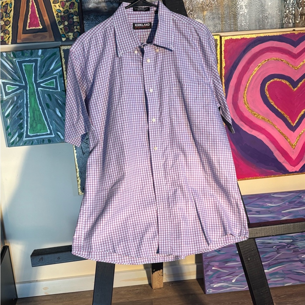 Kirkland XL Signature Men's Short Sleeve Purple Checkered Shirt